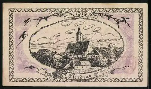 Notgeld Eferding 1919, 20 Heller, mit Stadtwappen und Landschaftsansicht von Erding