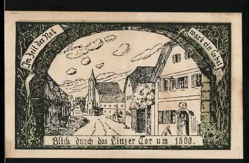 Notgeld Eferding 1919, 10 Heller, Blick durch das Linzer Tor um 1800, Stadtwappen und Ritter