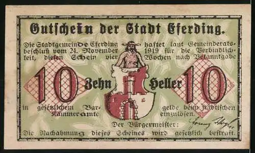 Notgeld Eferding 1919, 10 Heller, Blick durch das Linzer Tor um 1800, Stadtwappen und Ritter