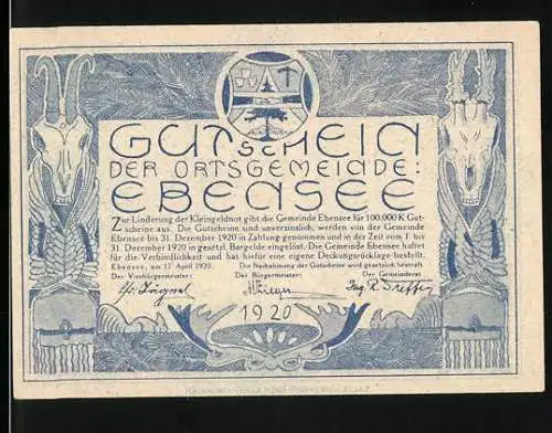 Notgeld Ebensee 1920, 50 Heller, Ziegenköpfe und Bergsteiger-Motiv, Wappen vorhanden