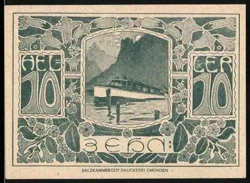 Notgeld Ebensee 1920, 10 Heller, Boot auf See und Ziegenköpfe mit Wappen