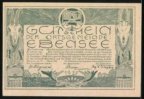 Notgeld Ebensee 1920, 10 Heller, Boot auf See und Ziegenköpfe mit Wappen