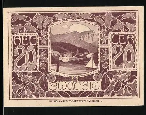 Notgeld Ebensee 1920, 20 Heller, Landschaft mit Segelboot und Ziegenköpfen