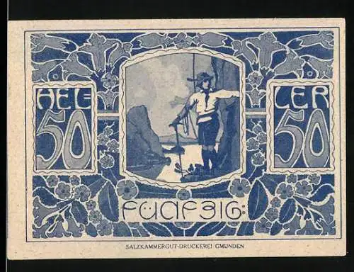 Notgeld Ebensee 1920, 50 Heller, Bergsteiger, Ziegenköpfe und Wappen