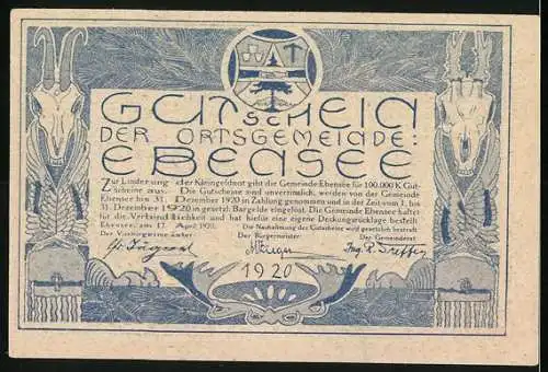 Notgeld Ebensee 1920, 50 Heller, Bergsteiger, Ziegenköpfe und Wappen