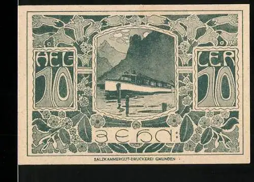 Notgeld Ebensee 1920, 10 Heller, Dampfschiff und florales Muster, Ziegenkopf-Motive