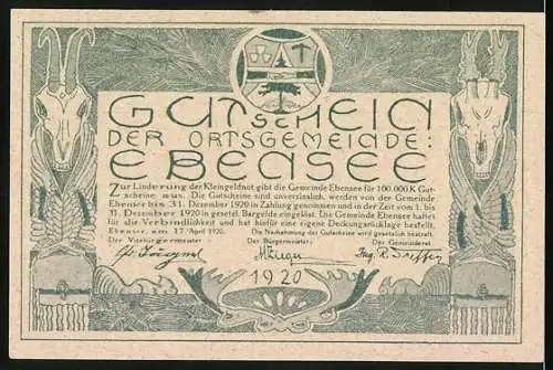 Notgeld Ebensee 1920, 10 Heller, Dampfschiff und florales Muster, Ziegenkopf-Motive