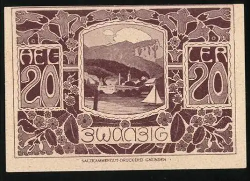 Notgeld Ebensee 1920, 20 Heller, Landschaftsmotiv mit Bergen und Segelboot, Ziegenköpfe und Wappen