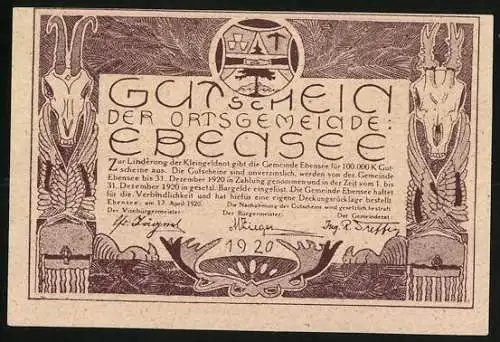 Notgeld Ebensee 1920, 20 Heller, Landschaftsmotiv mit Bergen und Segelboot, Ziegenköpfe und Wappen