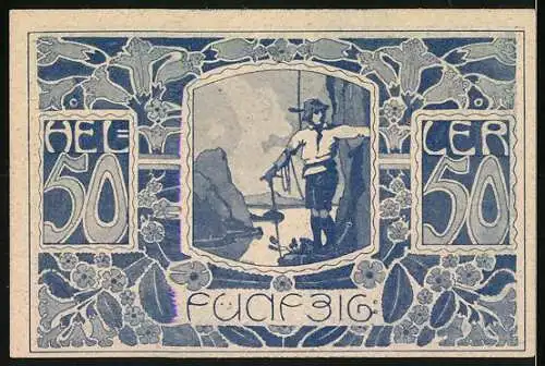 Notgeld Ebensee 1920, 50 Heller, Bergsteiger mit Alpenlandschaft