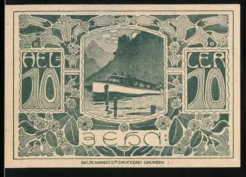 Notgeld Ebensee 1920, 10 Heller, Schiffsmotiv und Ziegenköpfe, Wappen