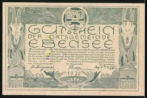 Notgeld Ebensee 1920, 10 Heller, Schiffsmotiv und Ziegenköpfe, Wappen