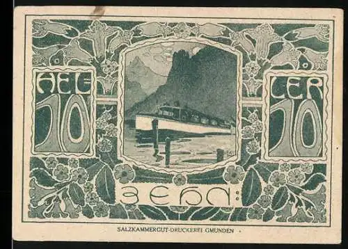 Notgeld Ebensee 1920, 10 Heller, Boot auf See, Ziegenkopf-Motive, Salzkammergut-Druckerei Gmunden