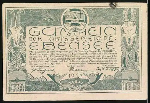 Notgeld Ebensee 1920, 10 Heller, Boot auf See, Ziegenkopf-Motive, Salzkammergut-Druckerei Gmunden