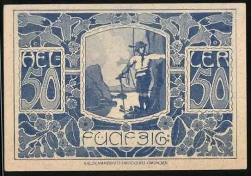 Notgeld Ebensee 1920, 50 Heller, Bergsteiger mit floralen Ornamenten und Ziegenköpfen, Wappen enthalten