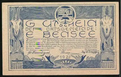 Notgeld Ebensee 1920, 50 Heller, Bergsteiger mit floralen Ornamenten und Ziegenköpfen, Wappen enthalten