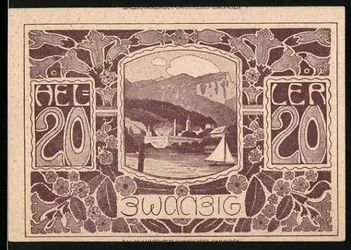 Notgeld Ebensee 1920, 20 Heller, Landschaft mit Segelboot und Ziegenkopf-Motiv, Wappen vorhanden