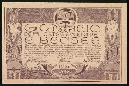 Notgeld Ebensee 1920, 20 Heller, Landschaft mit Segelboot und Ziegenkopf-Motiv, Wappen vorhanden