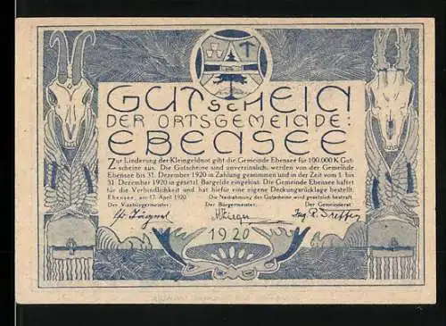 Notgeld Ebensee 1920, 50 Heller, Ziegenköpfe und Bergsteiger mit floralen Details