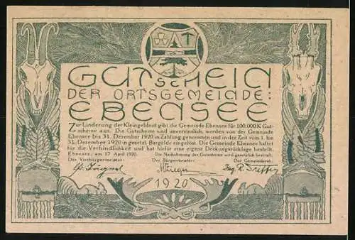 Notgeld Ebensee 1920, 10 Heller, Dampfschiff auf See mit floralen Motiven und Ziegenköpfen, Wappen und Unterschriften