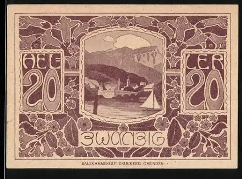 Notgeld Ebensee 1920, 20 Heller, Landschaft mit Segelboot und Ziegenköpfen, Wappen, Seriennummer