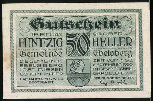 Notgeld Ebelsberg 1920, 50 Heller, Stadtansicht von 1677 und Text über Kriegsnot, Wappen enthalten