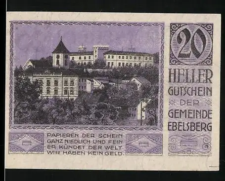 Notgeld Ebelsberg 1920, 20 Heller, Stadtansicht und Wappen