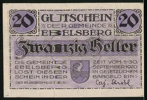 Notgeld Ebelsberg 1920, 20 Heller, Stadtansicht und Wappen