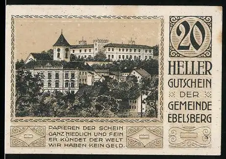 Notgeld Ebelsberg 1920, 20 Heller, Stadtszene mit Schloss und Wappen der Gemeinde