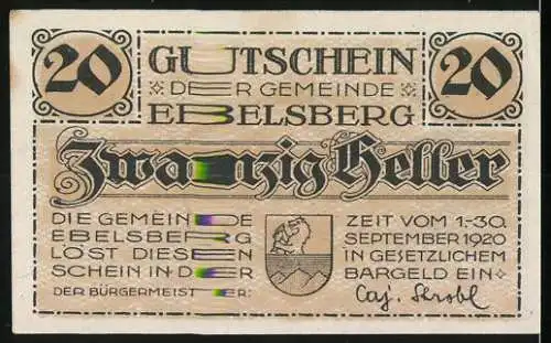 Notgeld Ebelsberg 1920, 20 Heller, Stadtszene mit Schloss und Wappen der Gemeinde