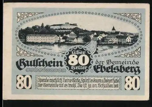 Notgeld Ebelsberg 1920, 80 Heller, Stadtansicht mit Fluss und Gebäuden