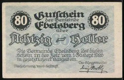 Notgeld Ebelsberg 1920, 80 Heller, Stadtansicht mit Fluss und Gebäuden