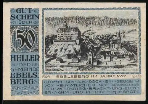 Notgeld Ebelsberg 1920, 50 Heller, Stadtansicht und Wappen mit Löwen