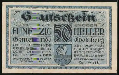 Notgeld Ebelsberg 1920, 50 Heller, Stadtansicht und Wappen mit Löwen