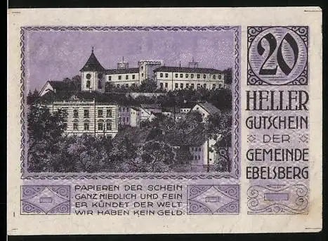 Notgeld Ebelsberg 1920, 20 Heller, Schlossansicht und Wappen der Gemeinde