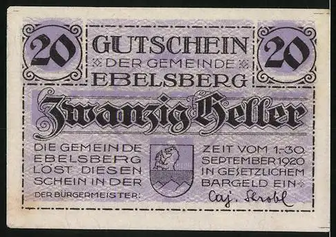 Notgeld Ebelsberg 1920, 20 Heller, Schlossansicht und Wappen der Gemeinde