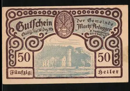 Notgeld Ardagger 1920, 50 Heller, Schlossansicht und Gemeindewappen