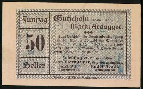 Notgeld Ardagger 1920, 50 Heller, Schlossansicht und Gemeindewappen