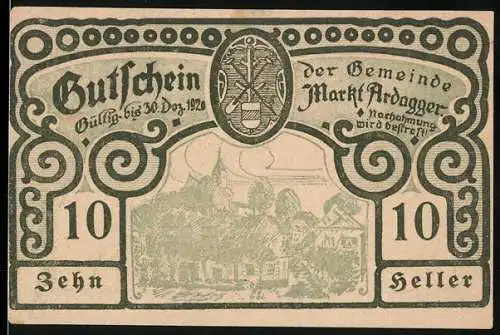 Notgeld Ardagger 1920, 10 Heller, Landschaftsmotiv mit Wappen und dekorativem Rahmen