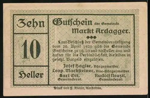 Notgeld Ardagger 1920, 10 Heller, Landschaftsmotiv mit Wappen und dekorativem Rahmen