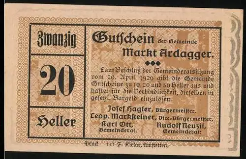 Notgeld Ardagger 1920, 20 Heller, Gemeindewappen und Landschaftsmotiv