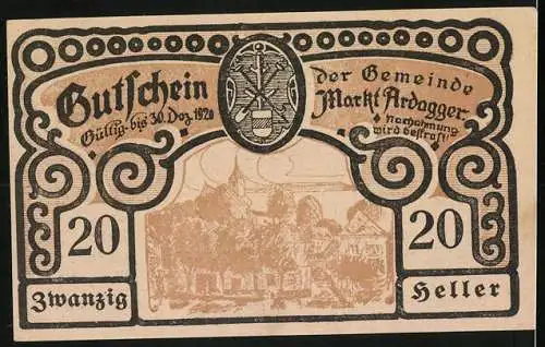 Notgeld Ardagger 1920, 20 Heller, Gemeindewappen und Landschaftsmotiv