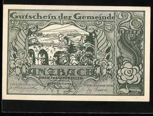 Notgeld Anzbach 1920, 20 Heller, Brücke und Landschaftsmotiv