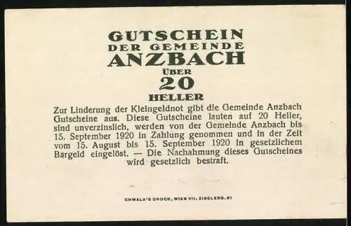 Notgeld Anzbach 1920, 20 Heller, Brücke und Landschaftsmotiv