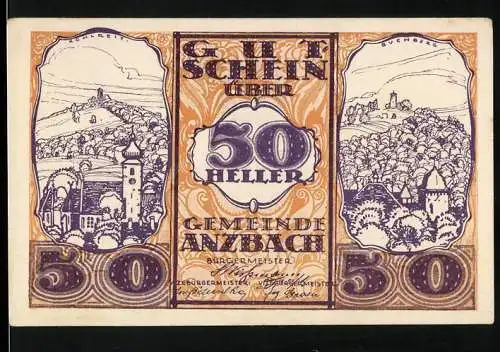 Notgeld Anzbach 1920, 50 Heller, Ortsansichten und Landschaftsmotive