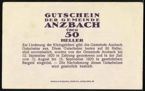 Notgeld Anzbach 1920, 50 Heller, Ortsansichten und Landschaftsmotive