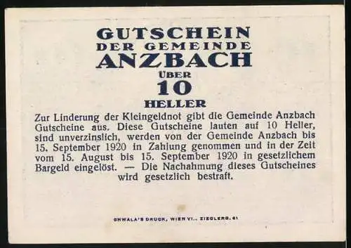 Notgeld Anzbach 1920, 10 Heller, Kirche und florale Ornamente