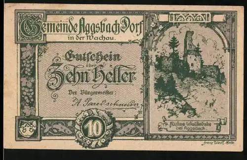 Notgeld Aggsbach Dorf 1920, 10 Heller, Ruine Wolfsstein bei Aggsbach, gültig bis Dezember 1920