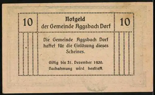 Notgeld Aggsbach Dorf 1920, 10 Heller, Ruine Wolfsstein bei Aggsbach, gültig bis Dezember 1920