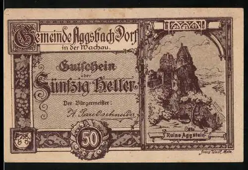 Notgeld Aggsbach Dorf 1920, 50 Heller, Ruine Aggstein, Wappen der Gemeinde